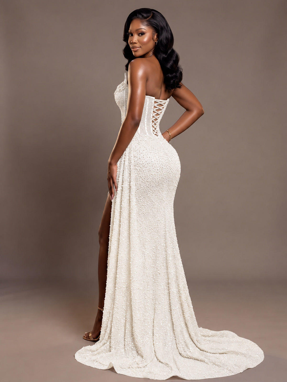 Luxury Strapless Sequin Corset Mermaid Prom Dress with High Slit & Train