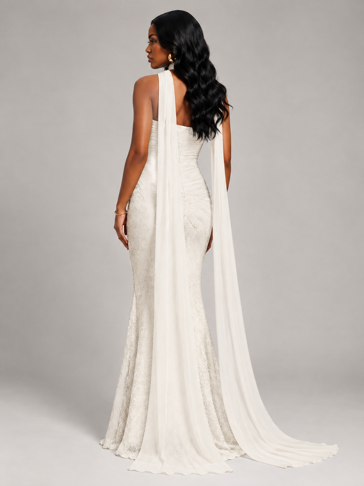 Pleated Chiffon Lace Prom Dresses Long Bodycon Mermaid with Scarf