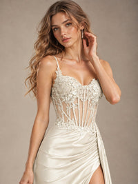 Mermaid Satin Prom Dress with Floral Appliqué Corset and High Slit