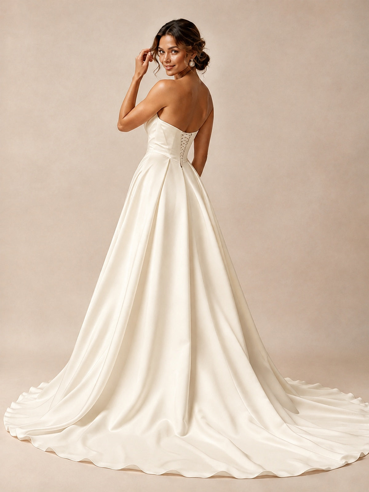 Split Pleated Satin Wedding Dress Strapless Bridal Wedding Gowns with Lace-Up Back