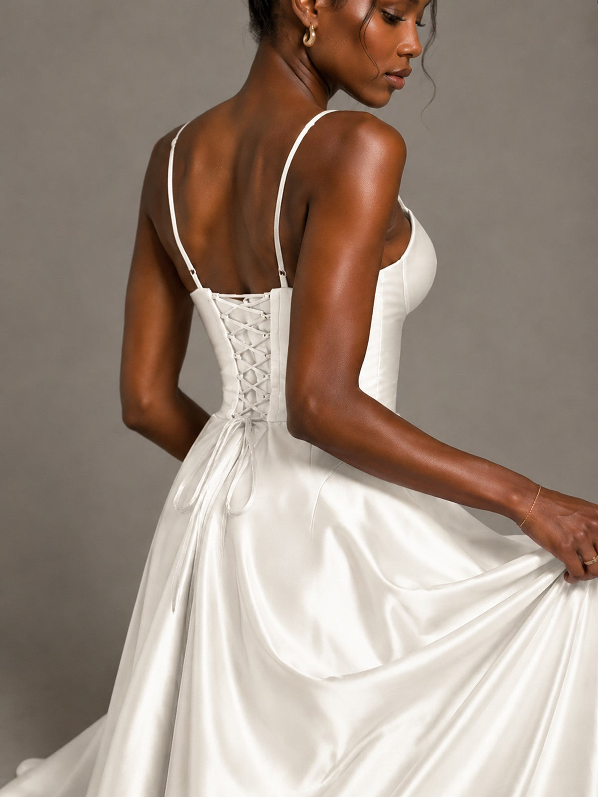 Lavender V Neck Satin Prom Dress with Spaghetti Straps