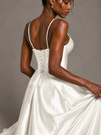 Lavender V Neck Satin Prom Dress with Spaghetti Straps