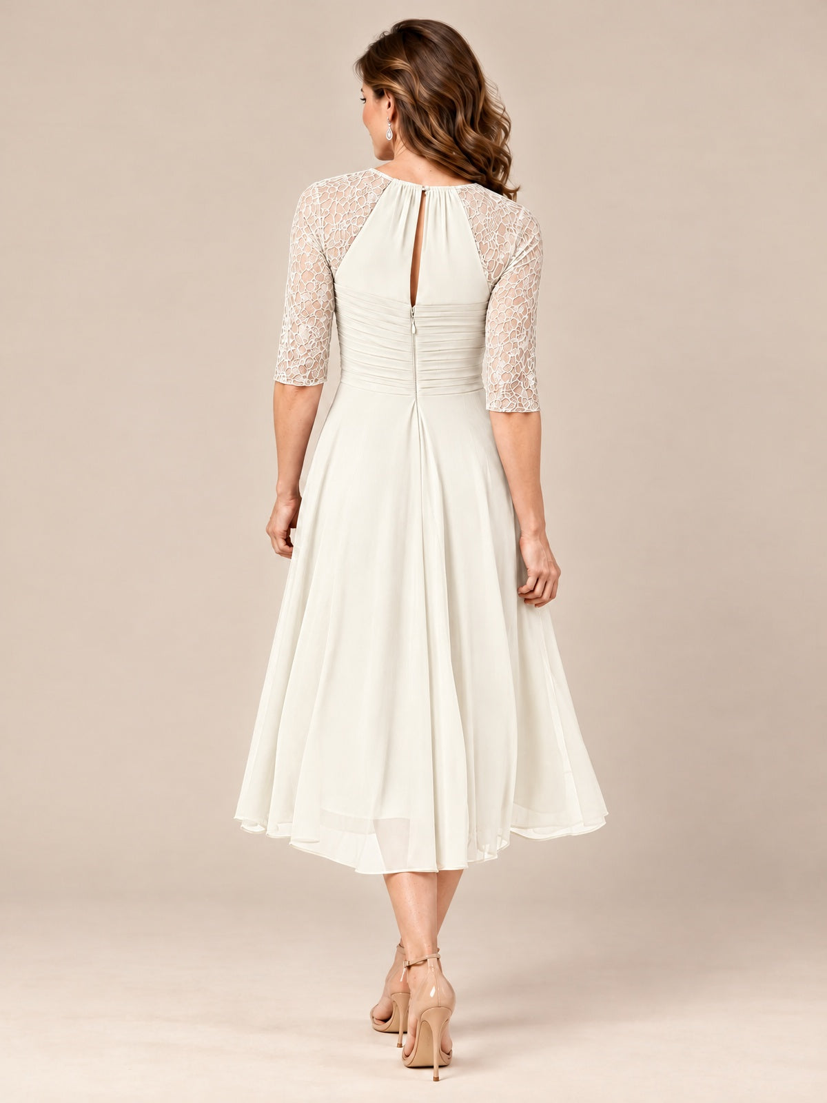Tea-Length Mother of the Bride Dress with Lace 3/4 Sleeves