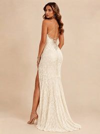 Sequin Lace Appliques Mermaid Prom Dress Spaghetti Strap Formal Gowns with Slit