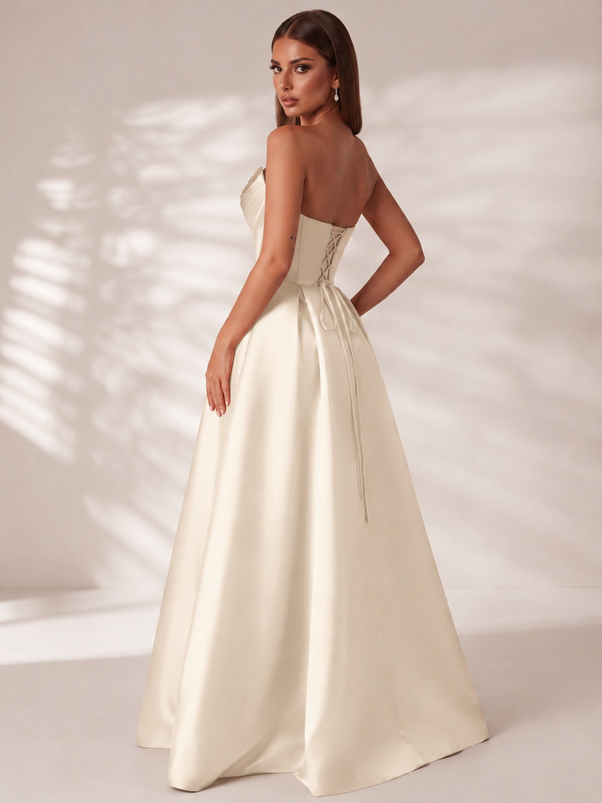 Strapless Corset Satin Prom Dress Long Evening Gown with High Slit