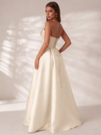 Strapless Corset Satin Prom Dress Long Evening Gown with High Slit