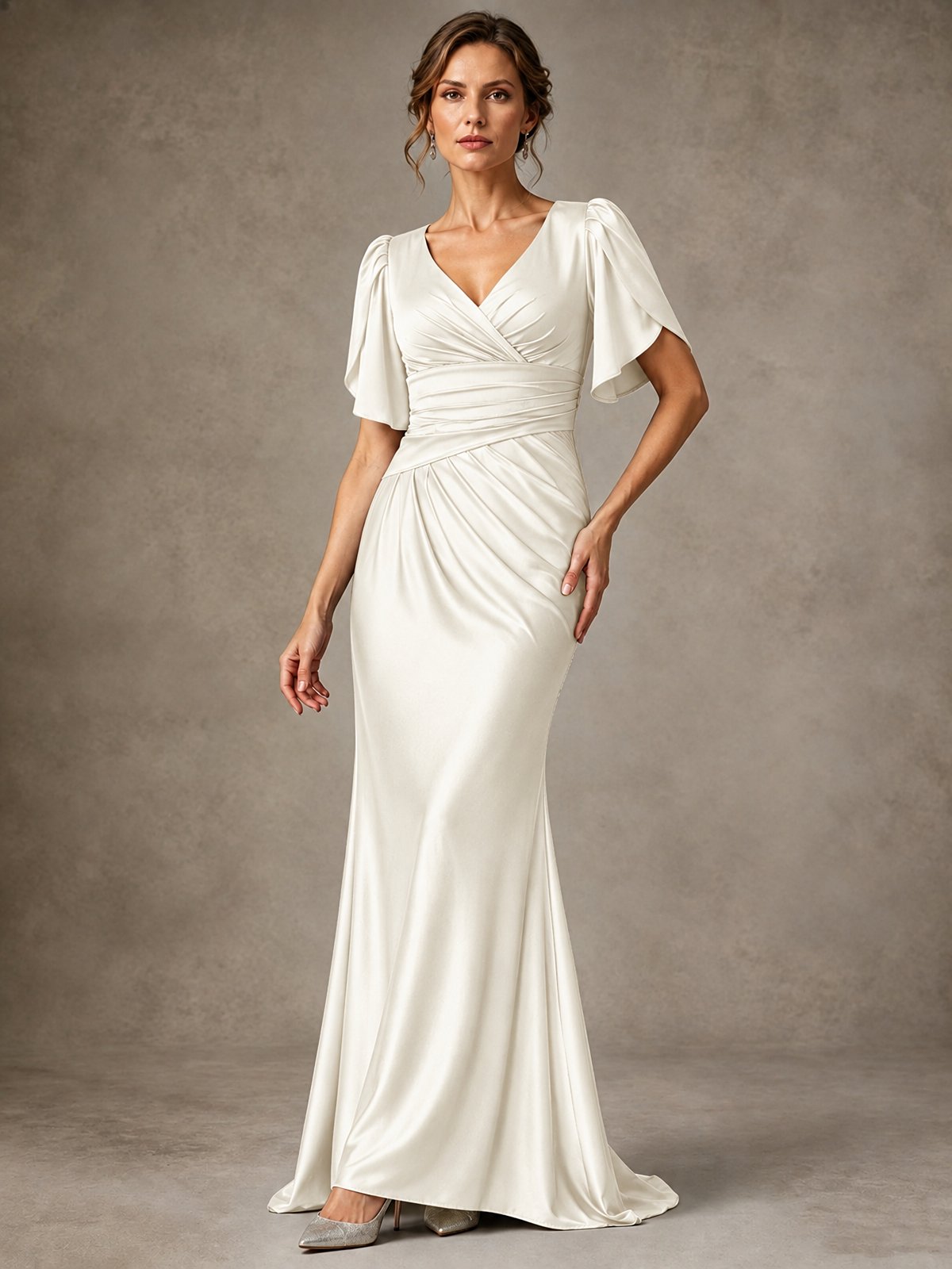 V-Neck Satin Mother of the Bride Dress with Flutter Sleeves