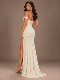 Off the Shoulder Corset Sequin Mermaid Prom Dress with Slit