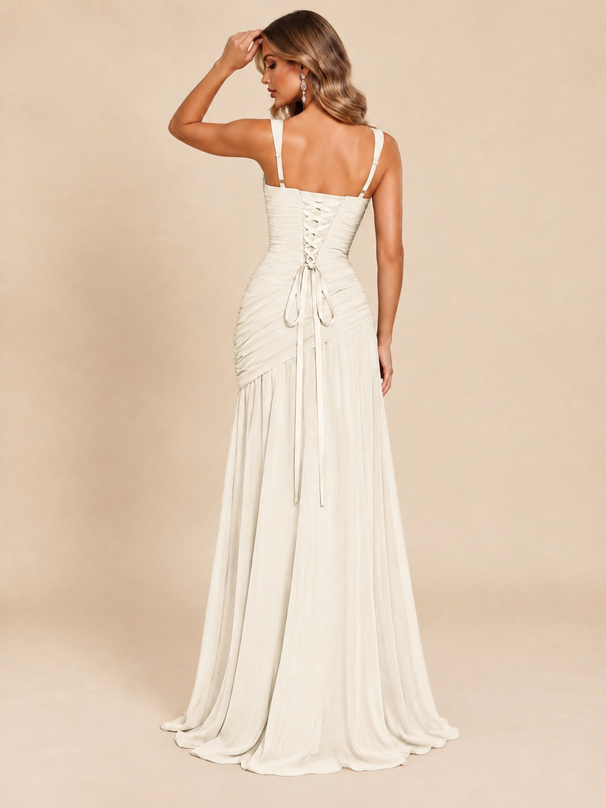 Wrap Pleated Prom Dress Scoop Neck with Slit Women Wedding Formal Dress