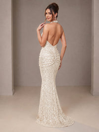 Gold Halter Sequin Mermaid Ruched Prom Dress Long Ruched Evening Gown