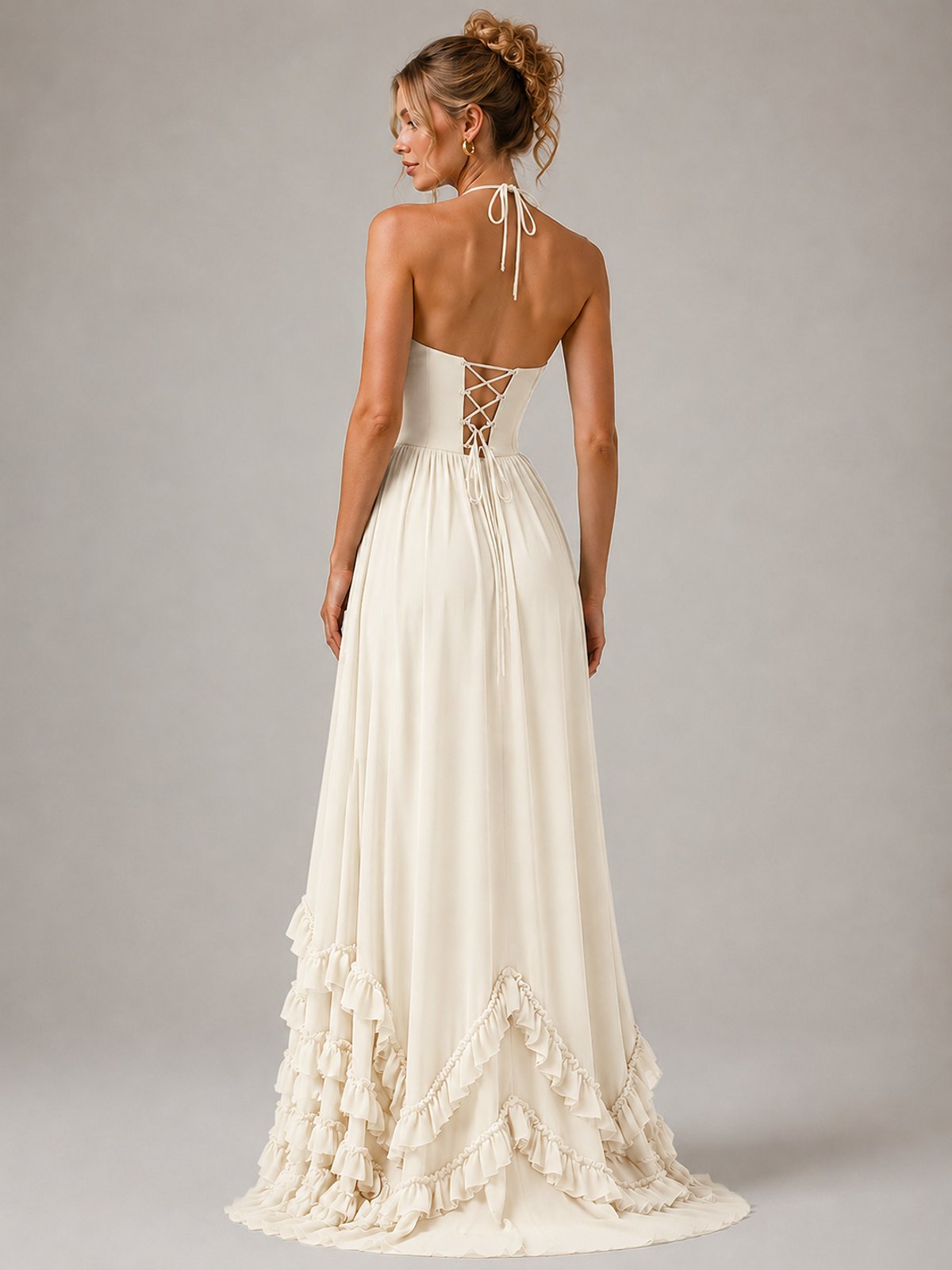 Halter V Neck Chiffon Formal Dress with Lace-Up Back and Ruffle Hem