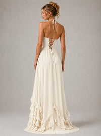 Halter V Neck Chiffon Formal Dress with Lace-Up Back and Ruffle Hem