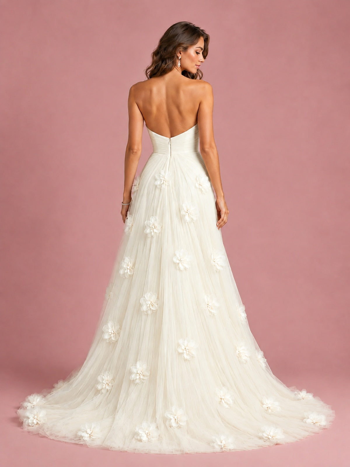 3D Floral Applique Strapless Tulle Prom Dress with High Slit