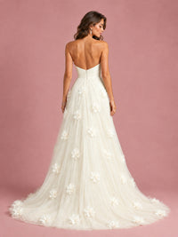 3D Floral Applique Strapless Tulle Prom Dress with High Slit