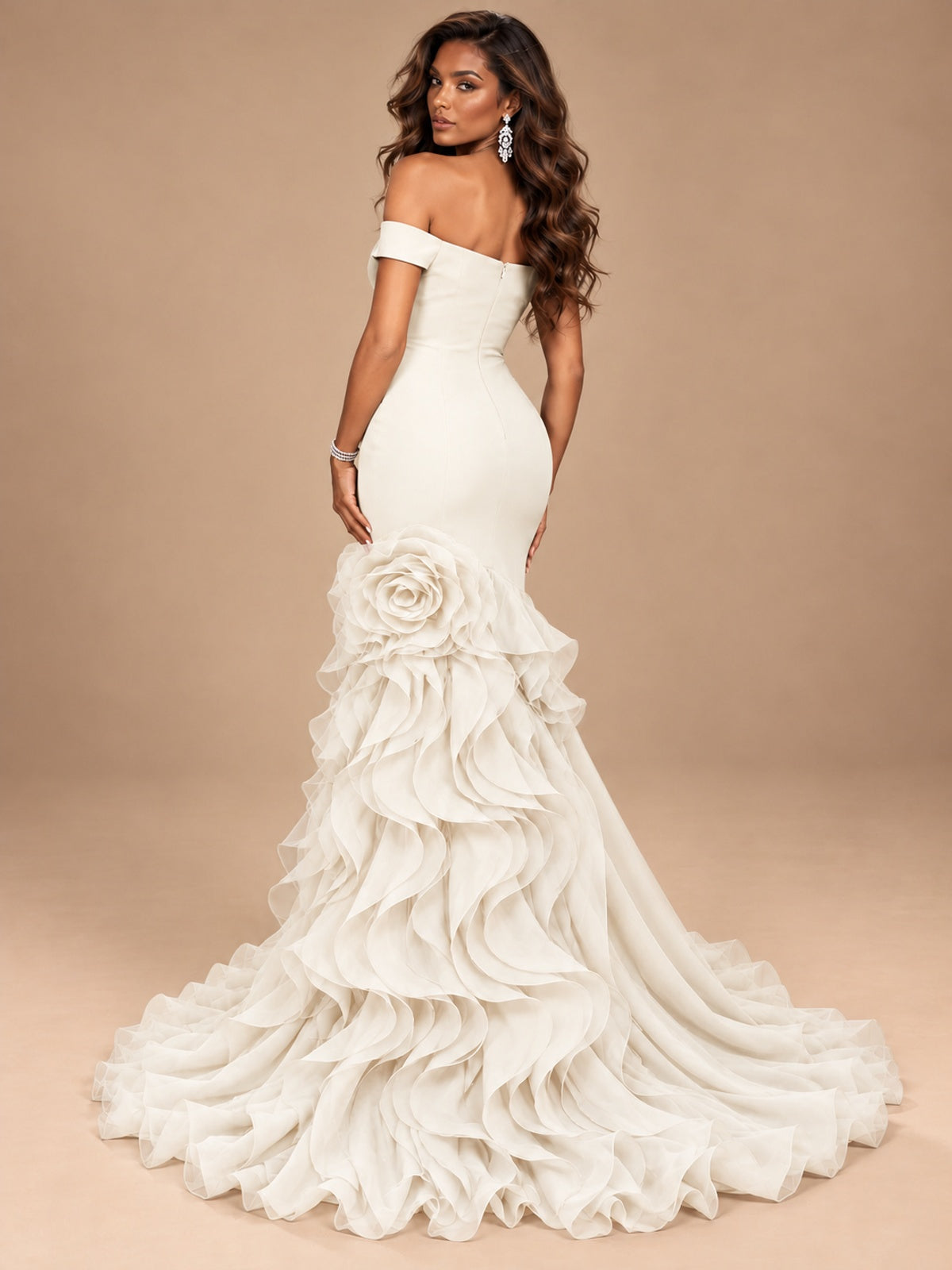 Dusty Blue Off-the-Shoulder Mermaid Prom Dress with 3D Rose & Ruffles