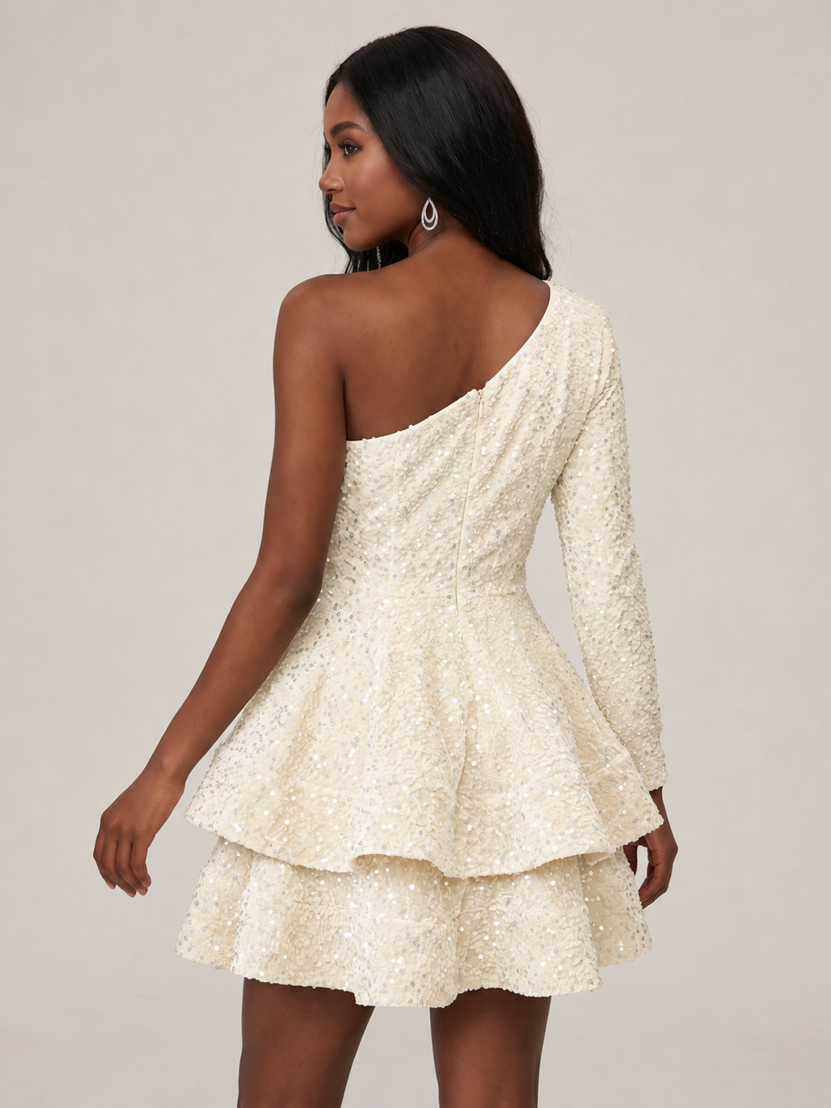 Puffy One Shoulder Sequin Tiered Mini Dress