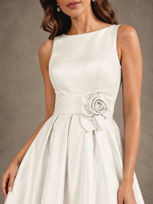 Tea-Length Satin Mother of the Bride Dress with 3D Flower Detail