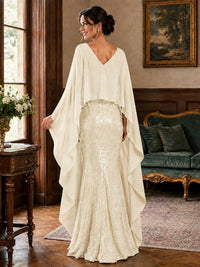 Sequin 2 Pieces Mother of the Bride Dress with Cap Sleeves Chiffon Formal Gowns
