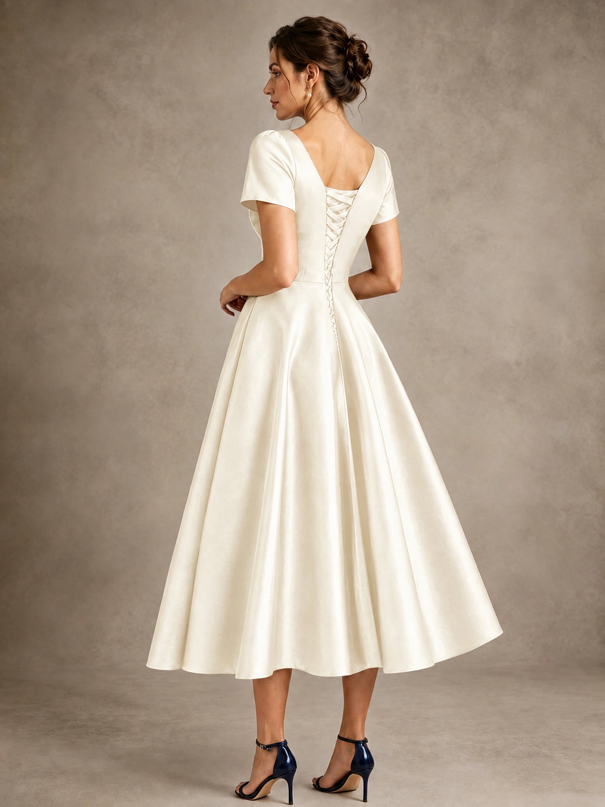 V-Neck Tea-Length Satin Mother of the Bride Dress with Bow