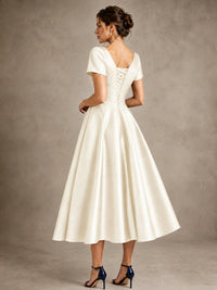 V-Neck Tea-Length Satin Mother of the Bride Dress with Bow