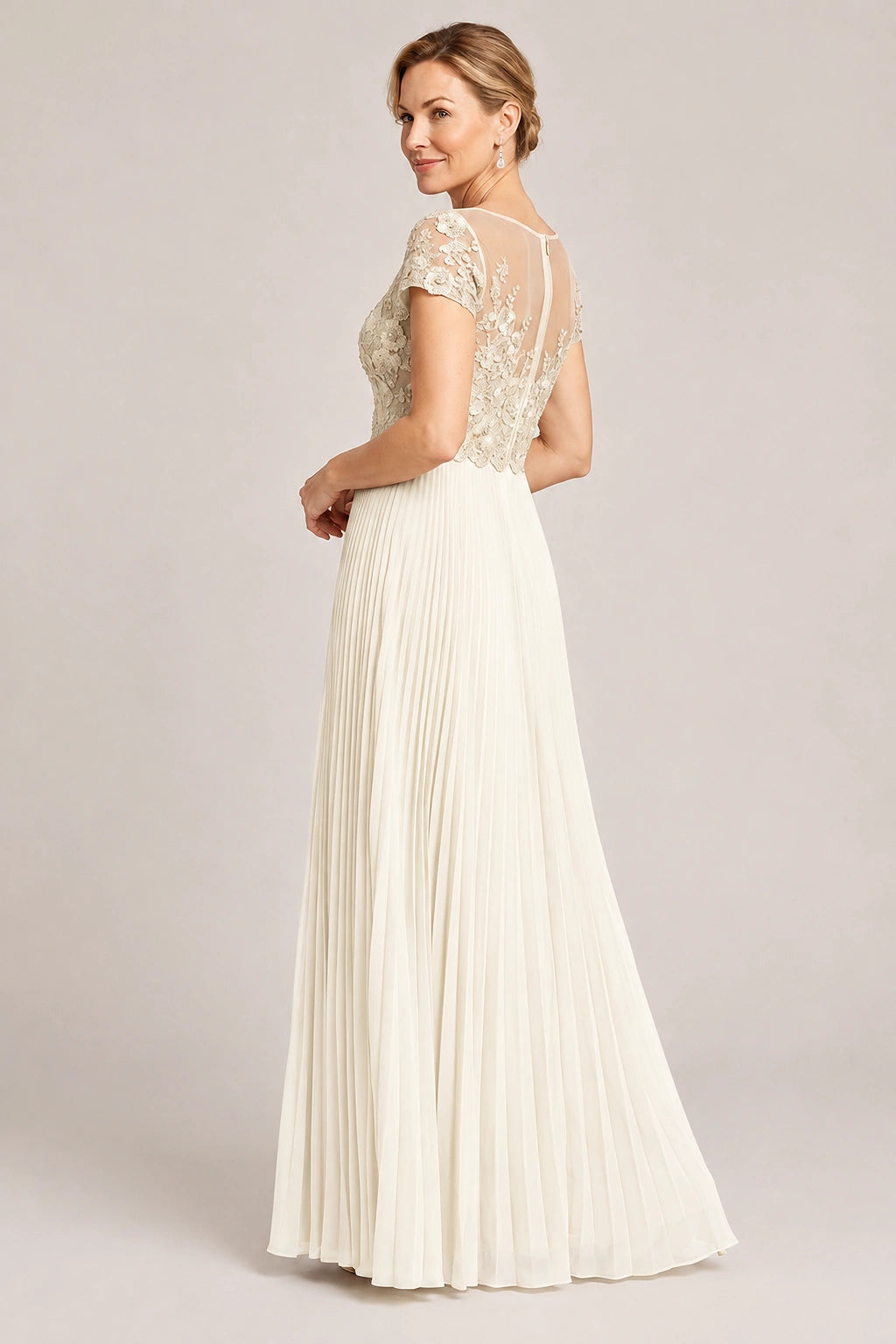 Embroidered Lace Pleated Mother of the Bride Dress