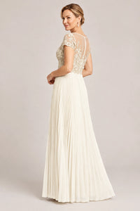 Embroidered Lace Pleated Mother of the Bride Dress