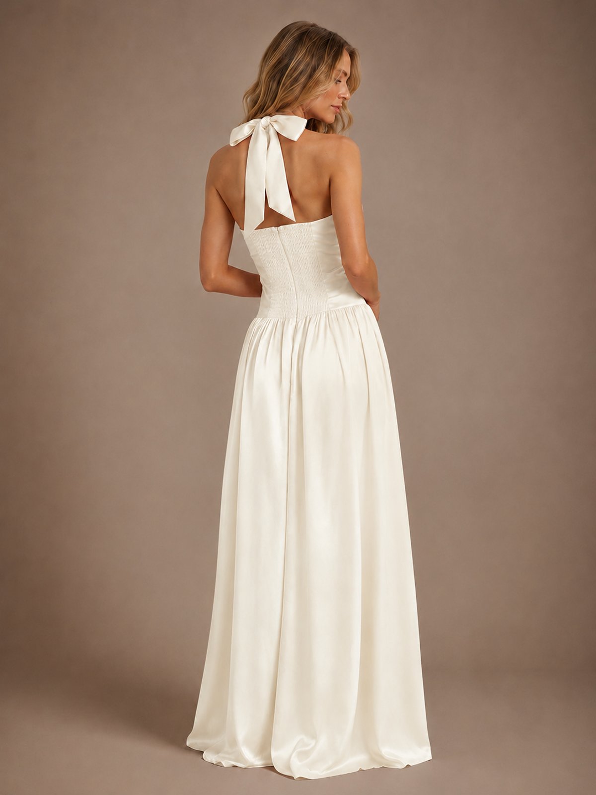 Pink V Neck Halter Satin Maxi Dress