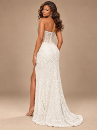 Gold Sequin Strapless Corset Prom Dress with High Slit