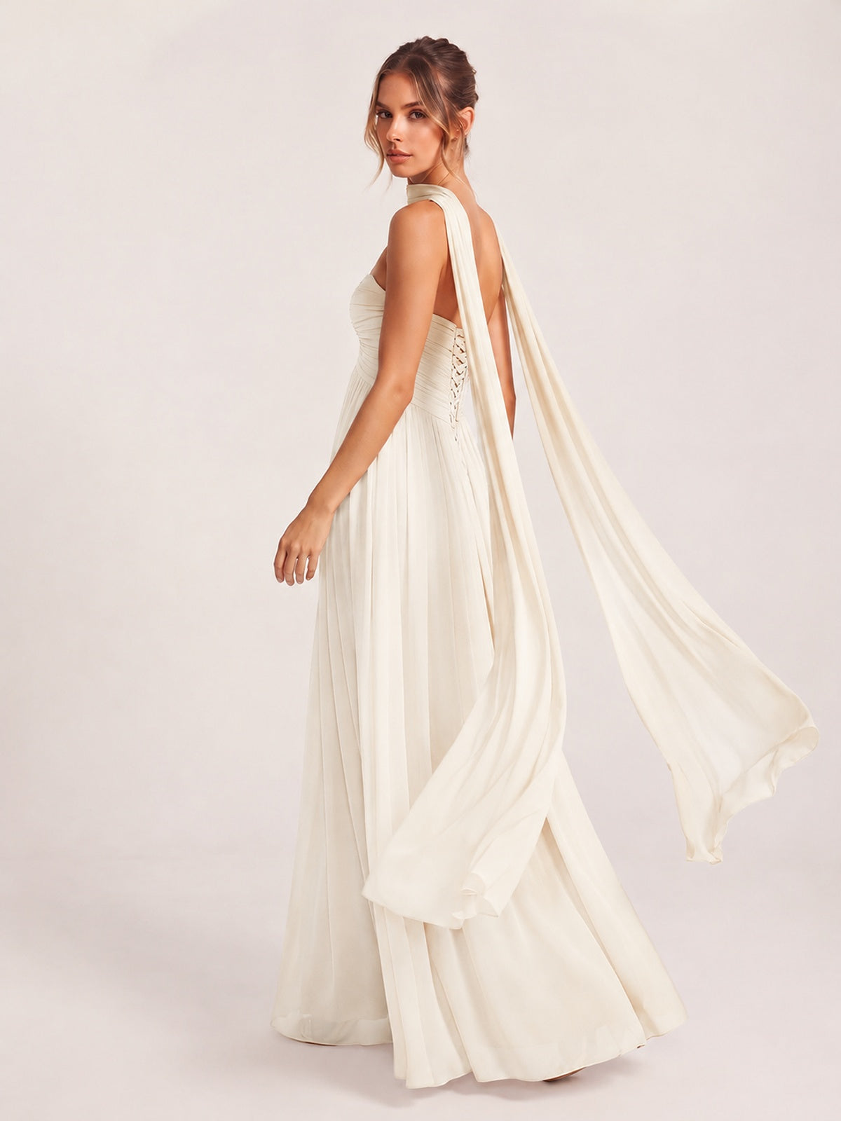 Strapless Ruched Chiffon Long Prom Dress with Scarf