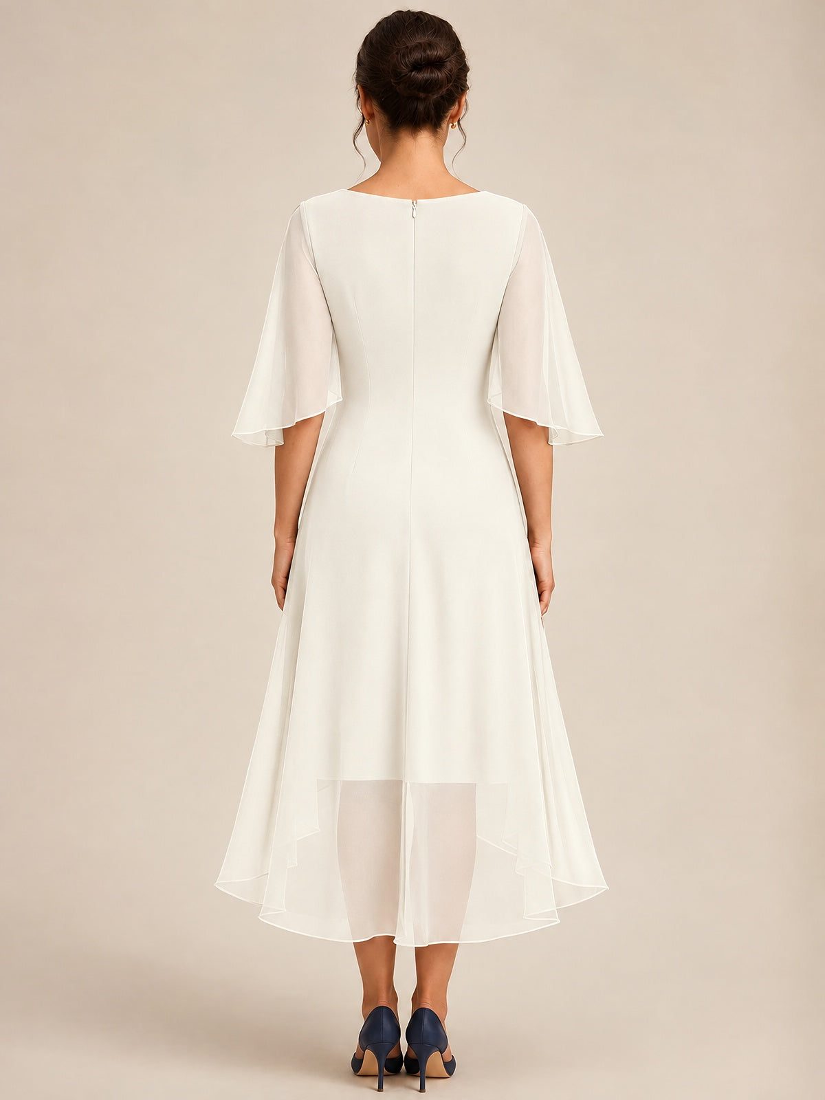 Cowl Neck Ruched Chiffon Mother of the Bride Dresses with Flutter Sleeves
