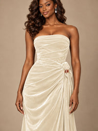 Burgundy Velvet Strapless Ruched Prom Dress with Jeweled Side Drape