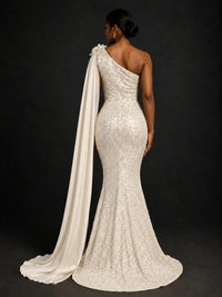 Gold Sequin One Shoulder Mermaid Prom Dress with Cape
