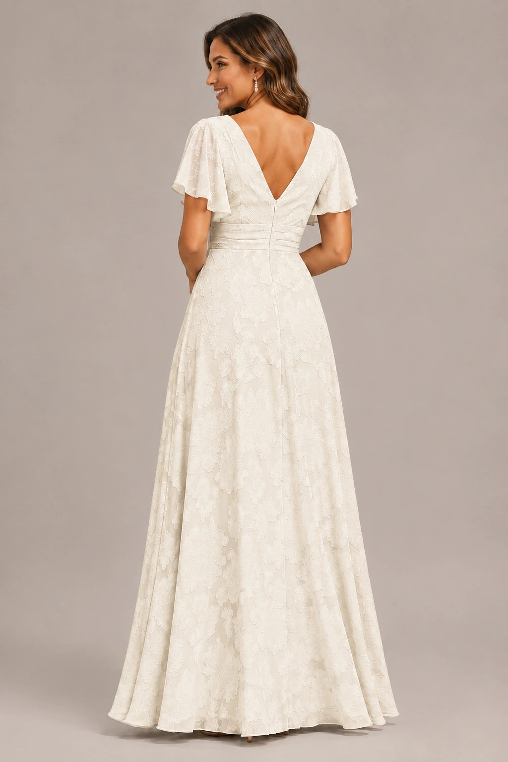 Jovellee Floral Chiffon A-Line Mother of the Bride Dress with Flutter Sleeves