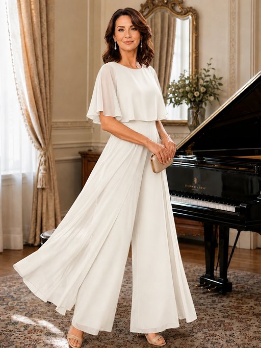 Chiffon Mother of the Bride Jumpsuit with Layered Cape Sleeves