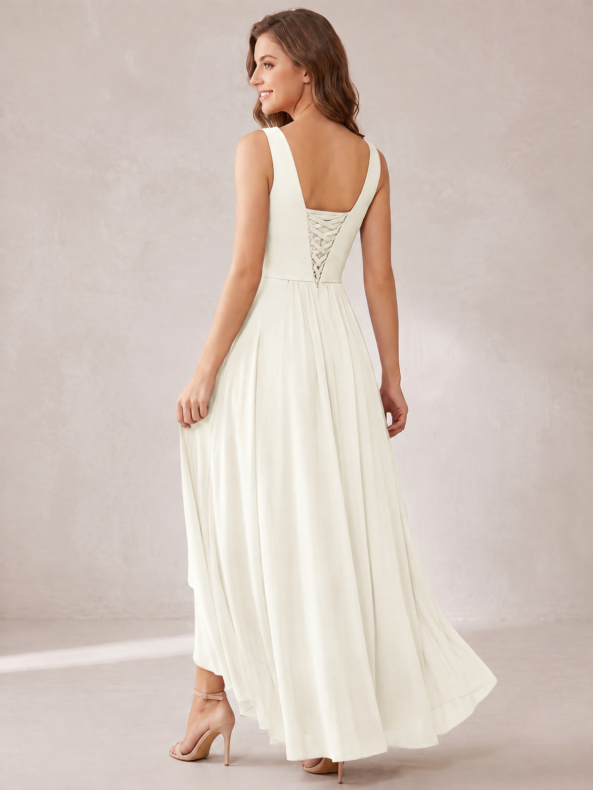 V-Neck High-Low Chiffon Bridesmaid Dress with Ruffles