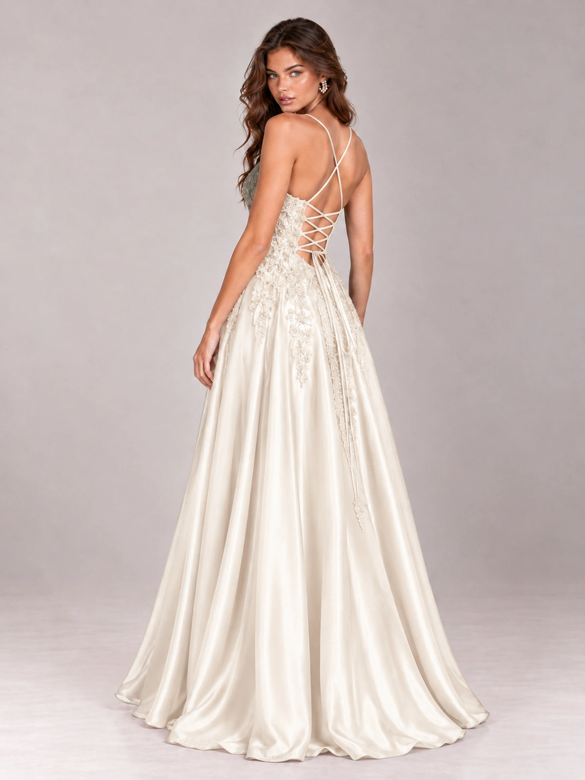 Lace Applique Satin A-Line Prom Dress with Sheer Bodice