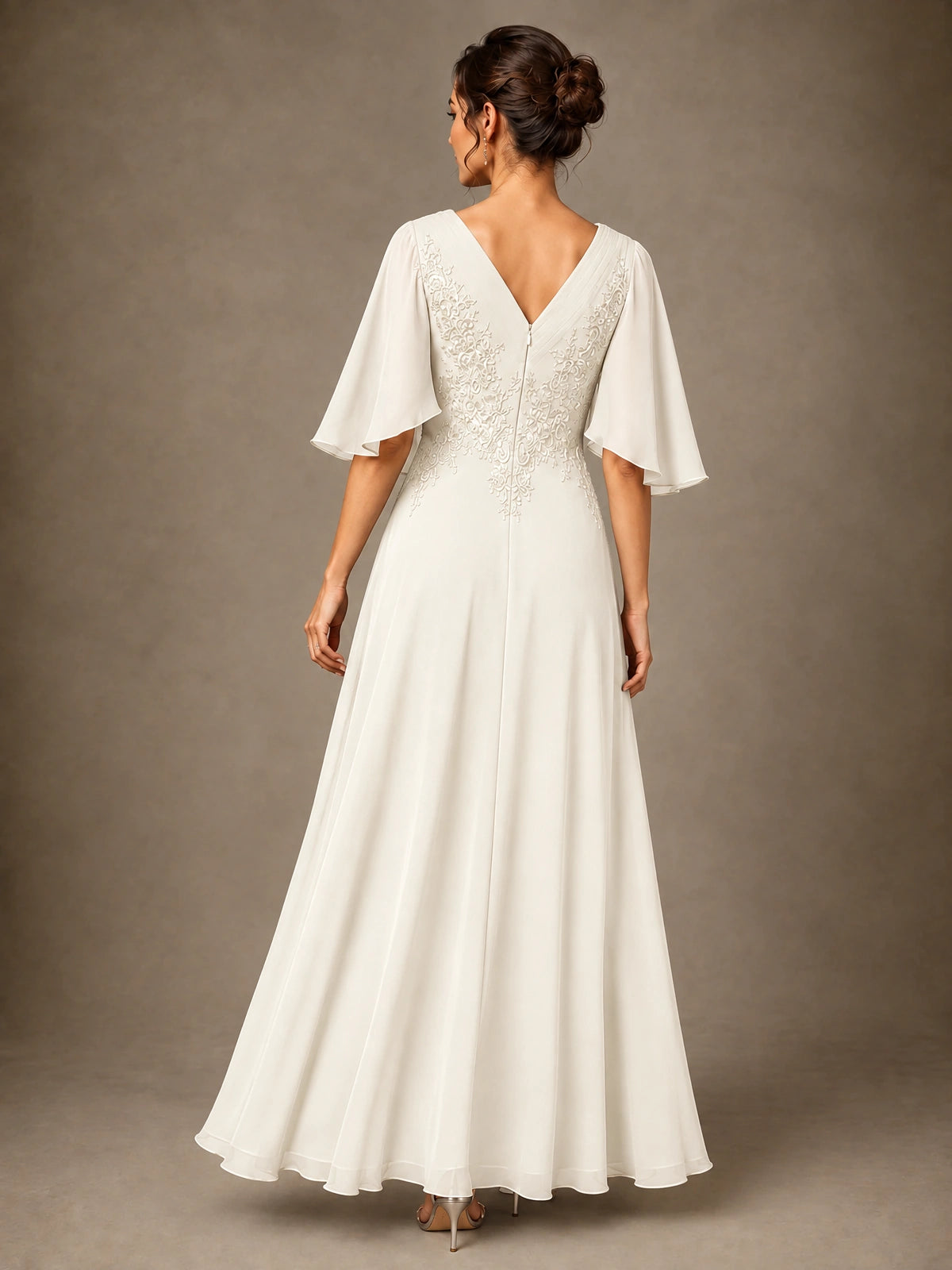 V-Neck Chiffon Lace Mother of the Bride Dress with Flutter Sleeves