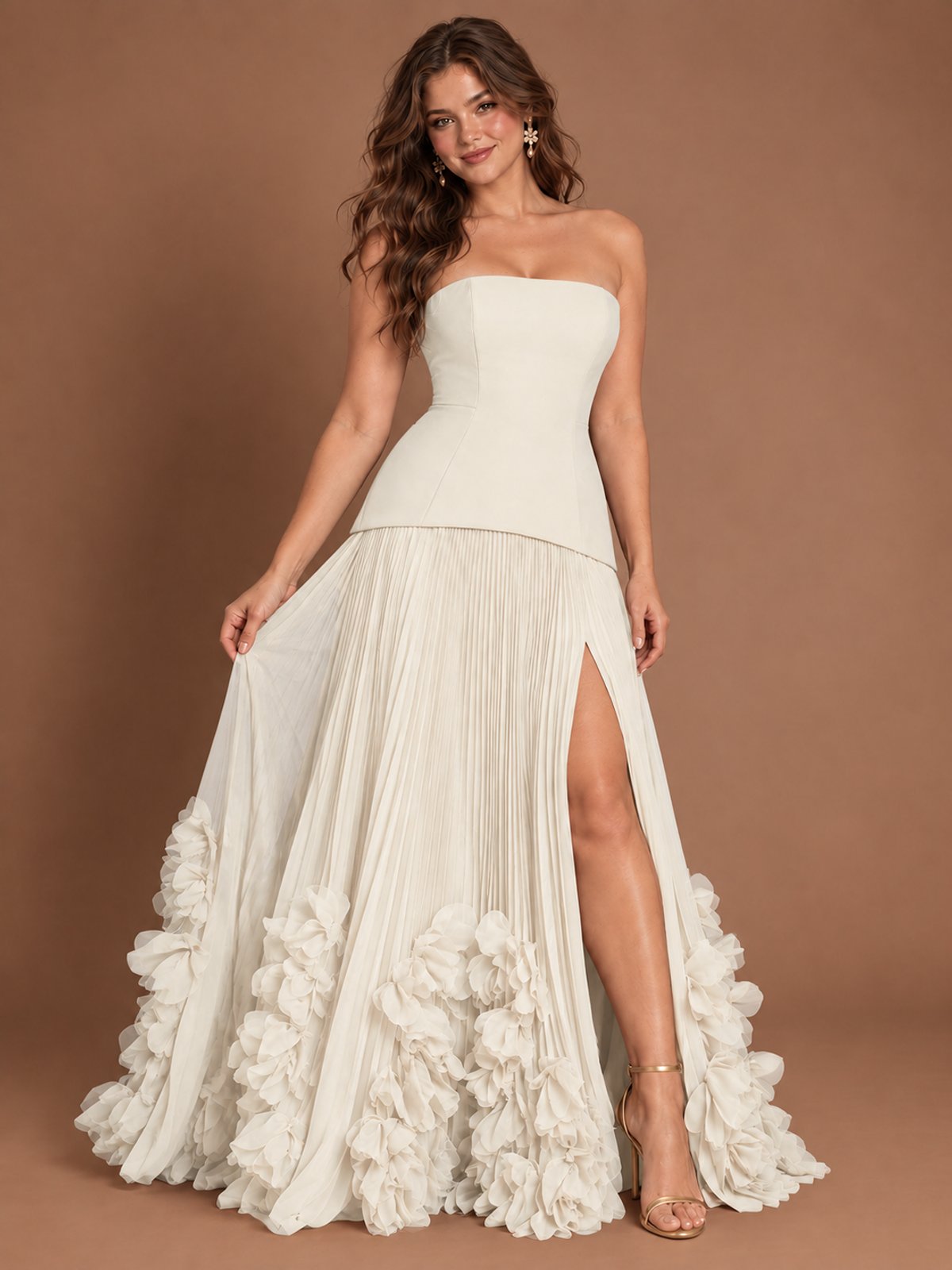 Strapless Pleated Floral Satin Formal Dress with Side Slit