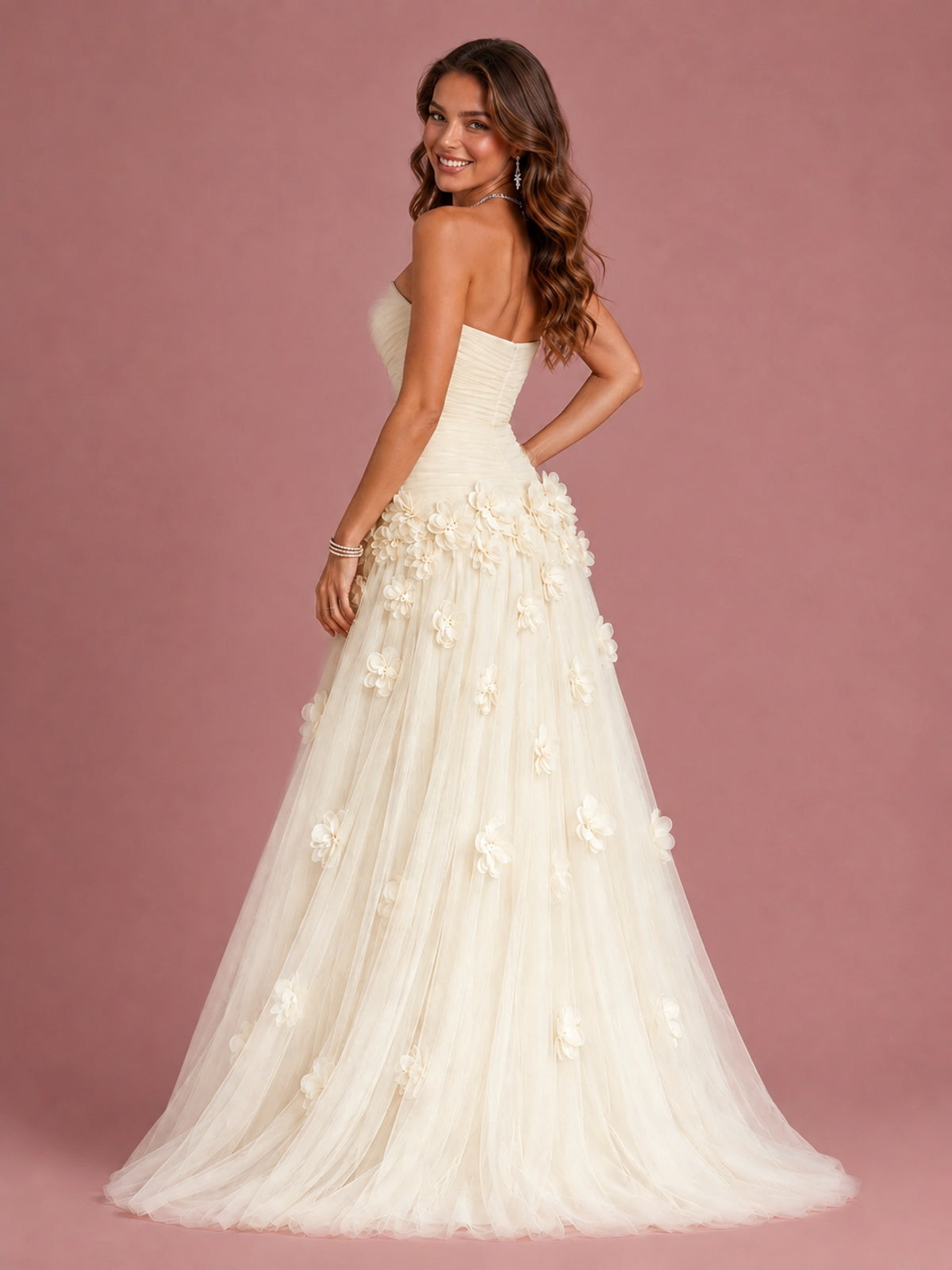 Blush Pink Strapless Sweetheart 3D Floral Tulle Ball Gown Prom Dres