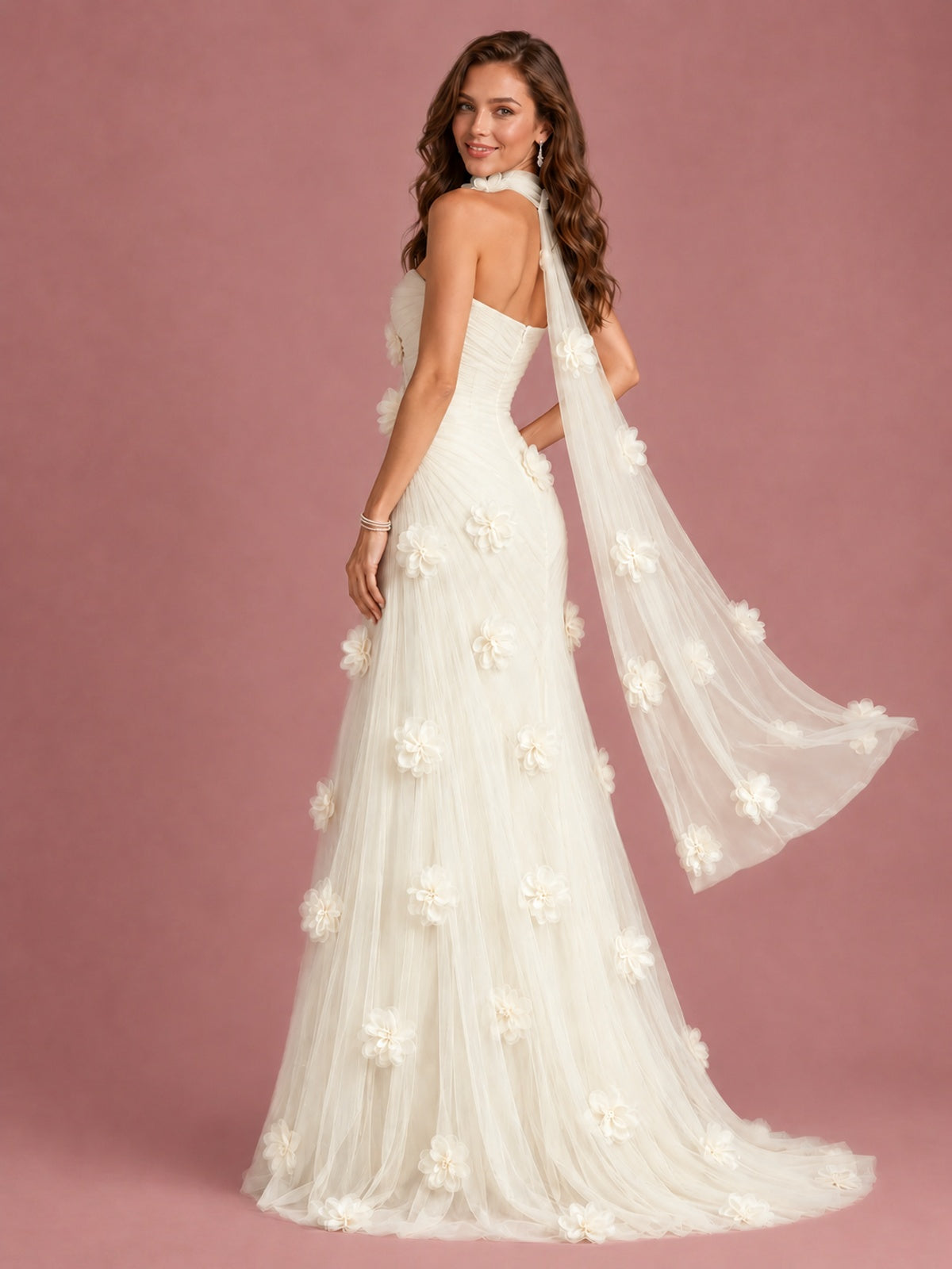 Blush Pink Strapless Sweetheart 3D Floral Tulle Mermaid Prom Dress