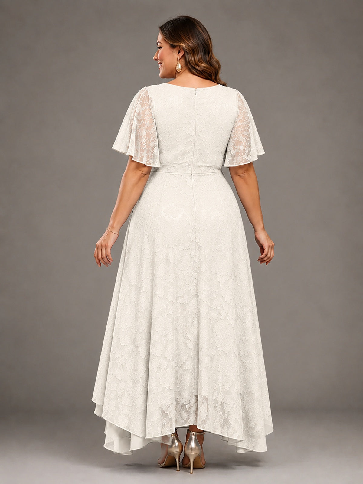 Jacquard Chiffon A-Line V-Neck High-Low Mother of the Bride Dress