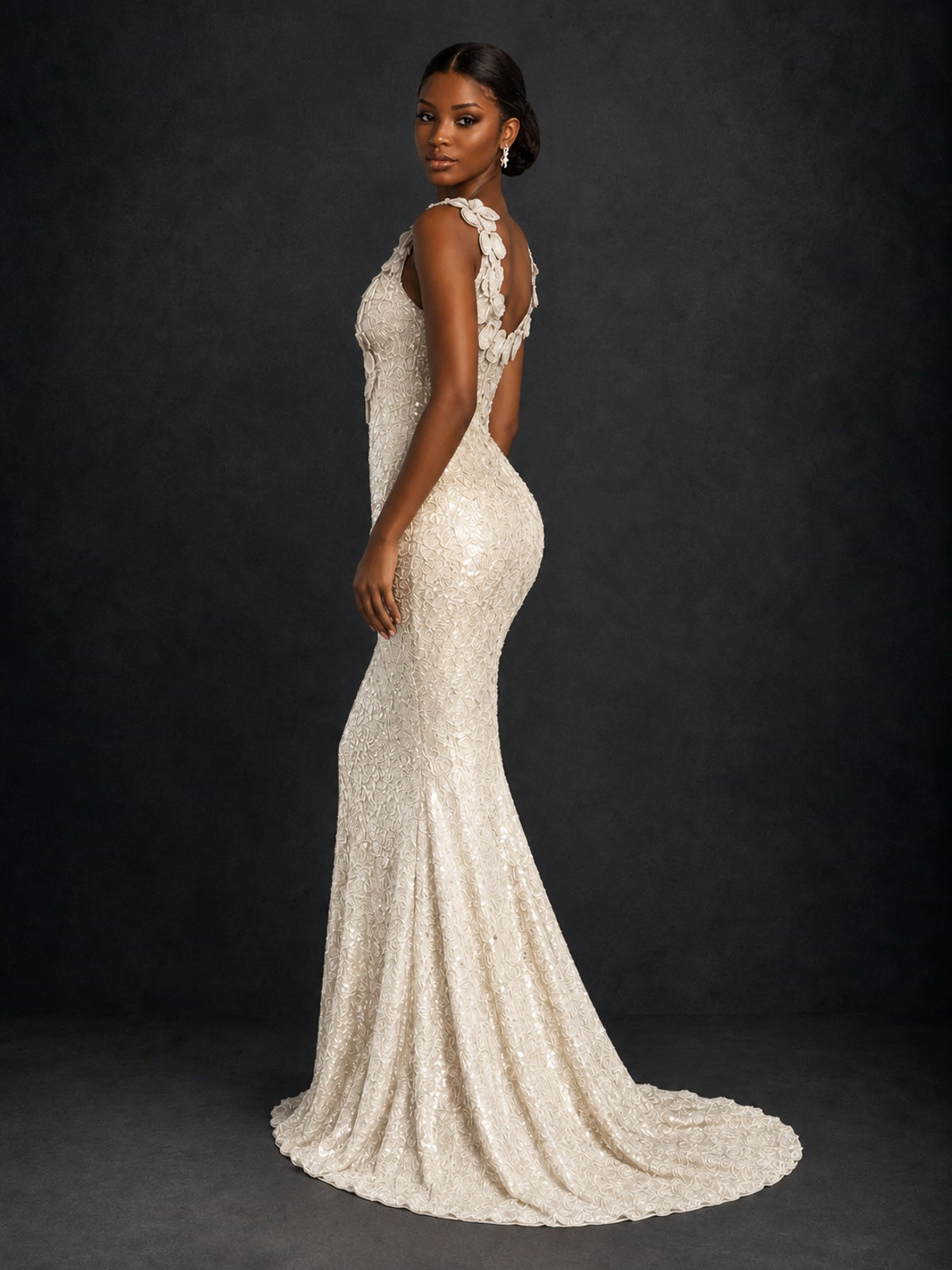 Gold Sequin Floral Applique Mermaid Prom Dress