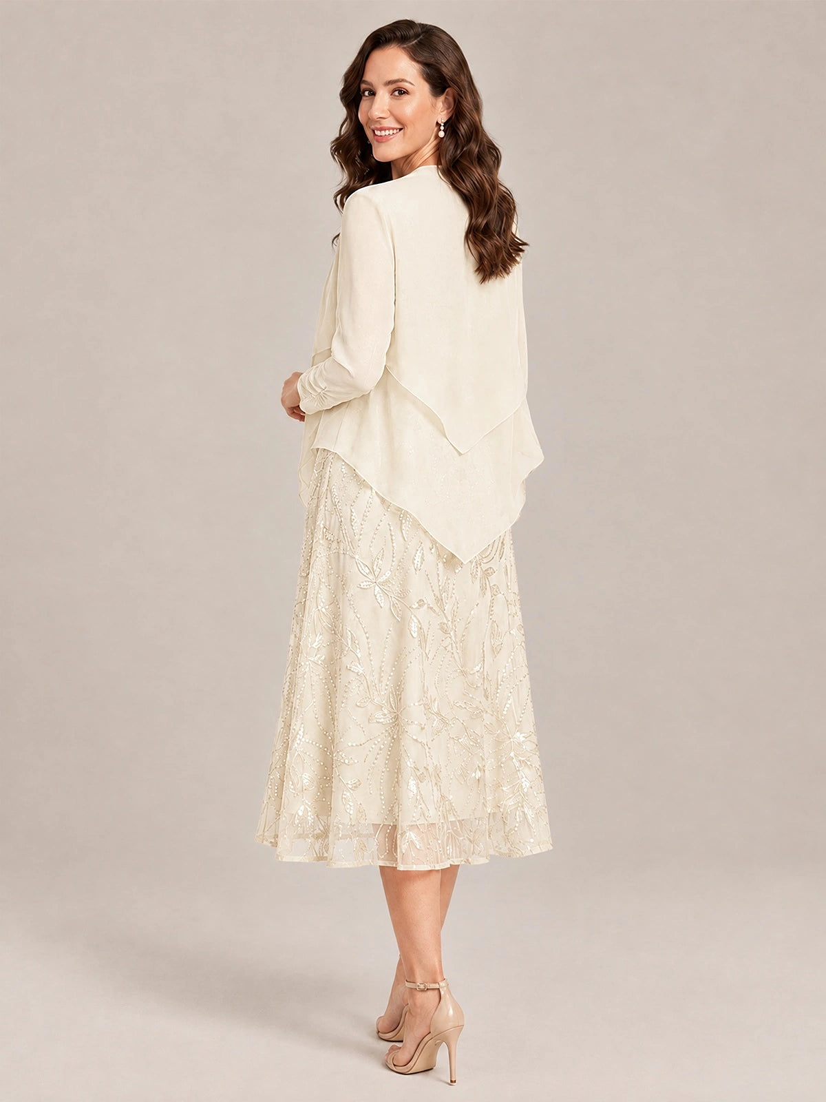 Tea Length Sequin Lace Mother of the Bride Dress with Chiffon Jacket