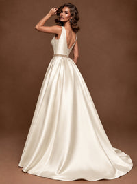 Satin A-Line Prom Dress Sleeveless Beaded Waist Formal Gown with Pockets