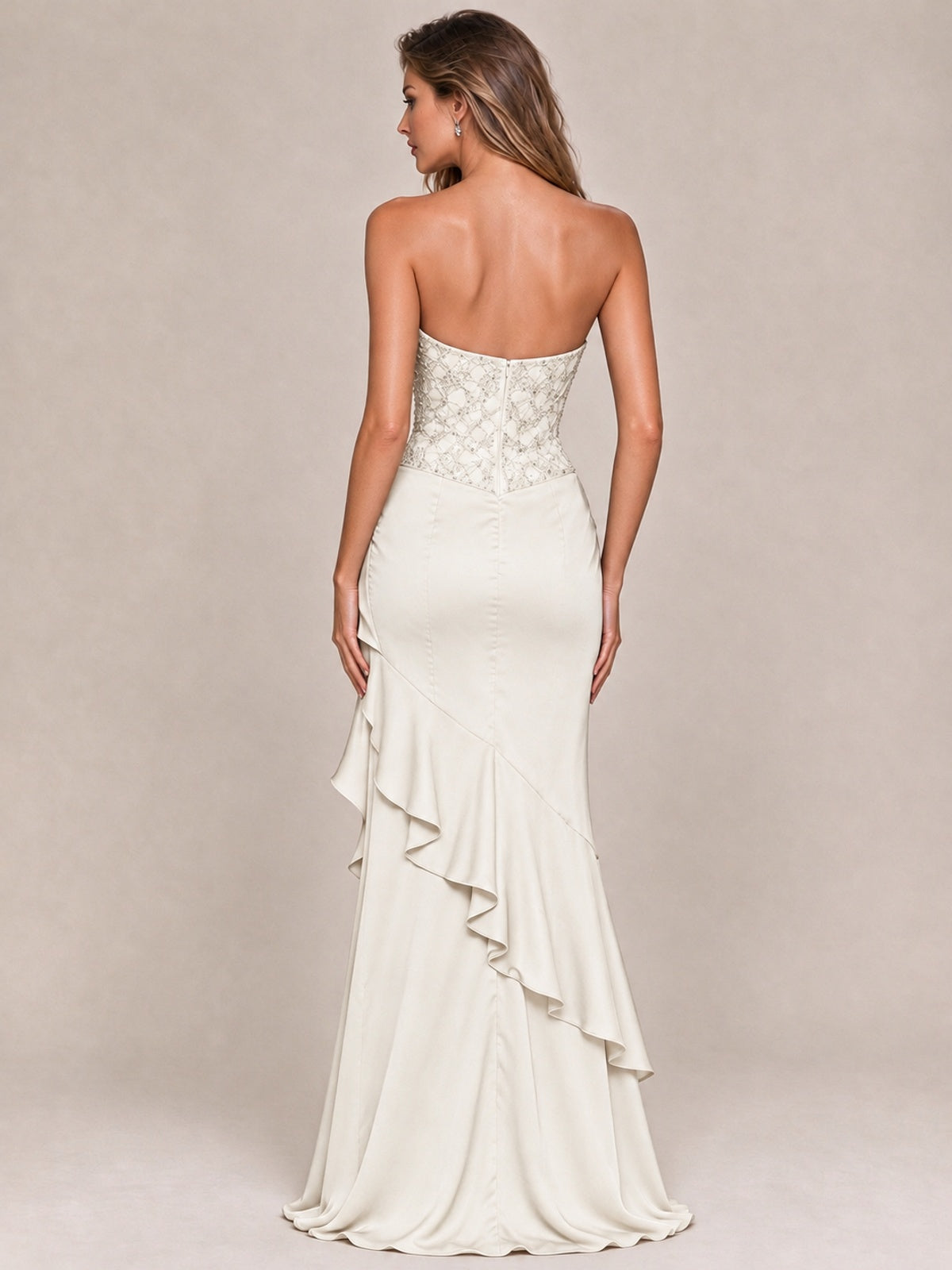 Strapless Lace Appliques Corset Satin Prom Dress Ruffle Slit Evening Gown