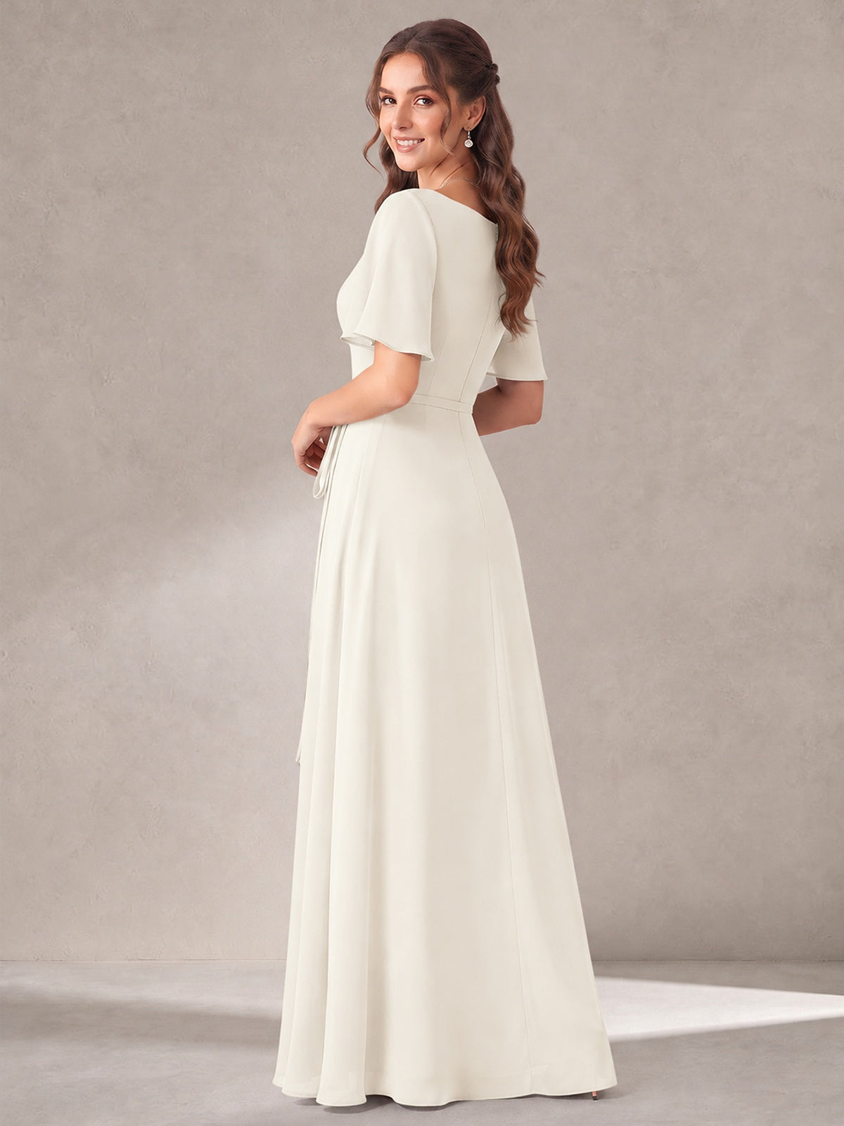 Scoop Neck A-line Chiffon Bridesmaid Dress with Flutter Sleeve & Belt