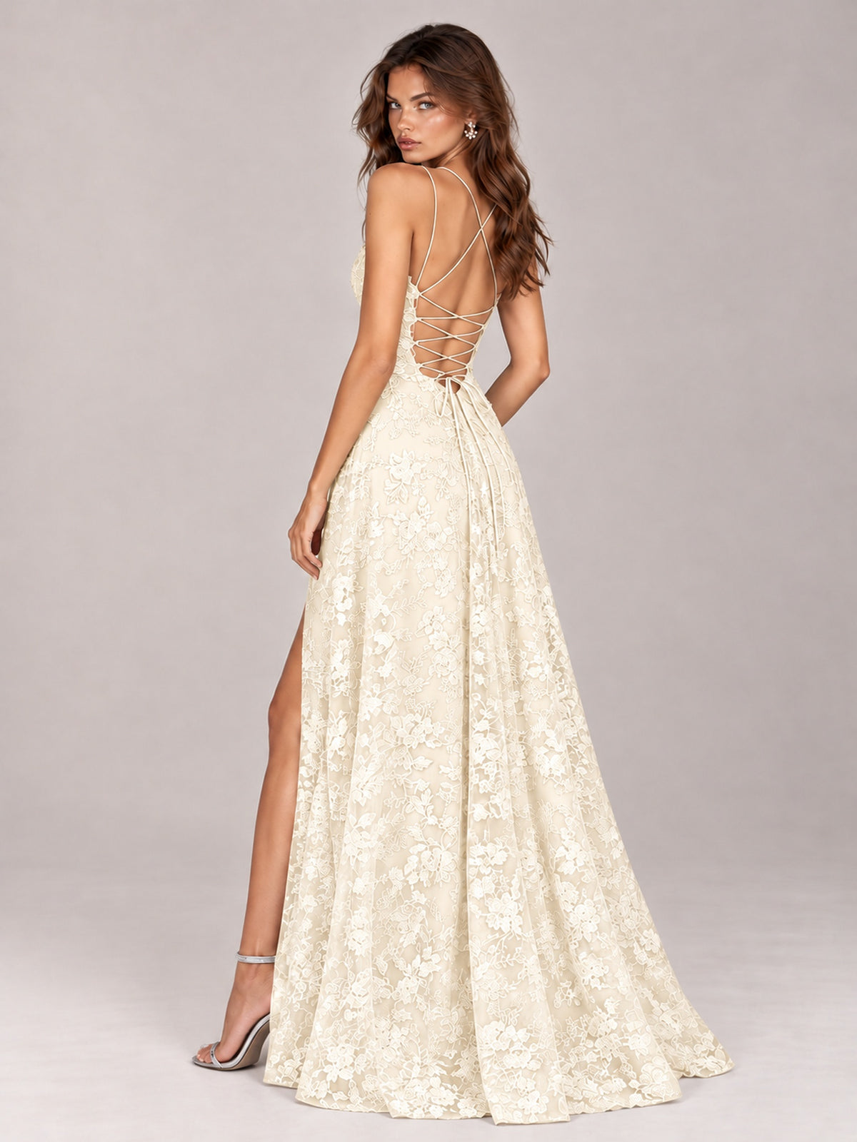 Floral Lace A-Line Prom Dress with Spaghetti Straps & High Slit
