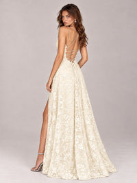 Floral Lace A-Line Prom Dress with Spaghetti Straps & High Slit