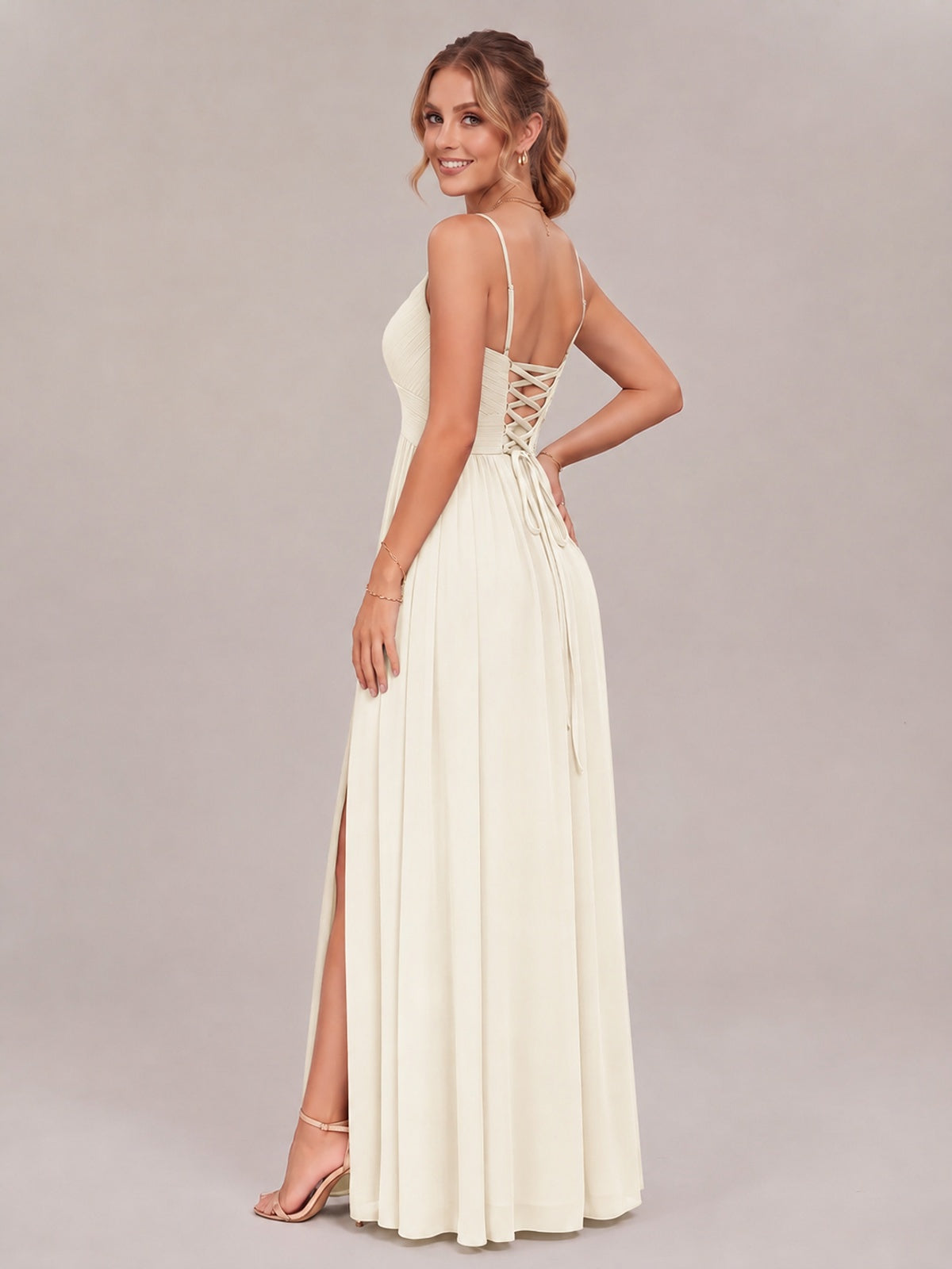 V-Neck Pleated Chiffon Long Bridesmaid Dress with Slit
