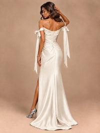 Off The Shuolder Satin Prom Dress Slit Mermaid Formal Gowns